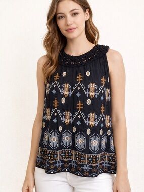 Akemi + Kin Embroidered Boho Tank Black Beaded Anthropologie M